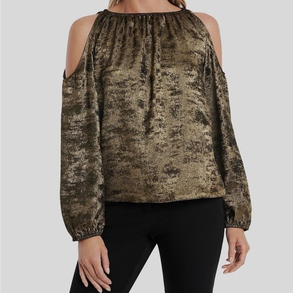 1.State Gold Black Metallic Cold-Shoulder Long-Sleeve Blouse Top Medium Y2K - Picture 1 of 10